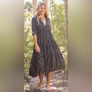 Natural Life Rebecca Midi Dress Black Cream Rose Floral Pockets Boho Sz Large
